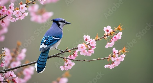 Blue Jay on Cherry Blossom Branch.