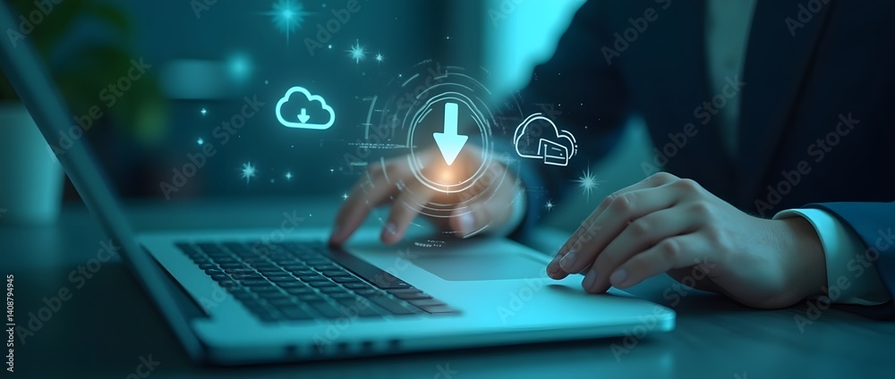 Digital workspace, holographic download icon, Businessman downloading data or documents to computer files. cloud storage technology, backup cyber security system