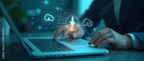 Digital workspace, holographic download icon, Businessman downloading data or documents to computer files.  cloud storage technology, backup cyber security system
