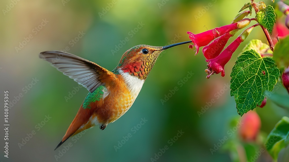 Fototapeta premium Rufous hummingbird sips nectar from a vibrant flower.
