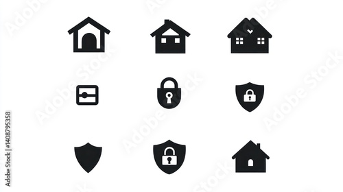 Home security icons;  safe house, lock, shield; white background; website design