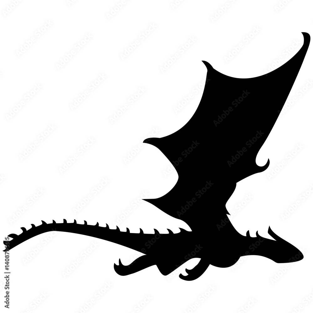 Fototapeta premium Flying Dragon Black Silhouette Isolated on White Background.