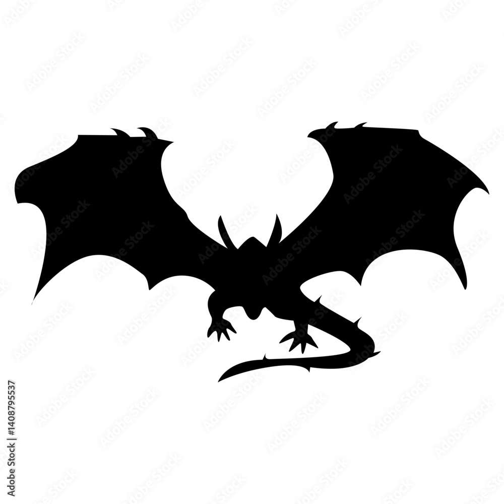 Fototapeta premium Flying Dragon Black Silhouette Isolated on White Background.