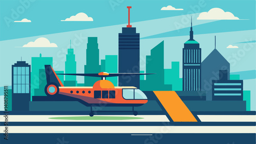 Against the backdrop of a modern city skyline eVTOLs line a rooftop helipad waiting to transport travelers to their destinations with speed and efficiency.. Vector illustration
