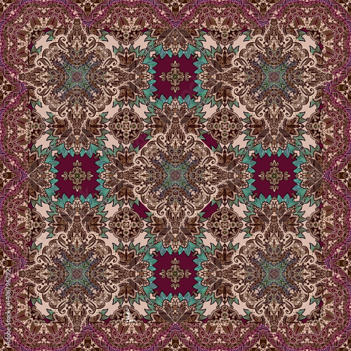 Square carpet, tablecloth or shawl with ethnic pattern in African style in burgundy, beige, brown and emerald colors.