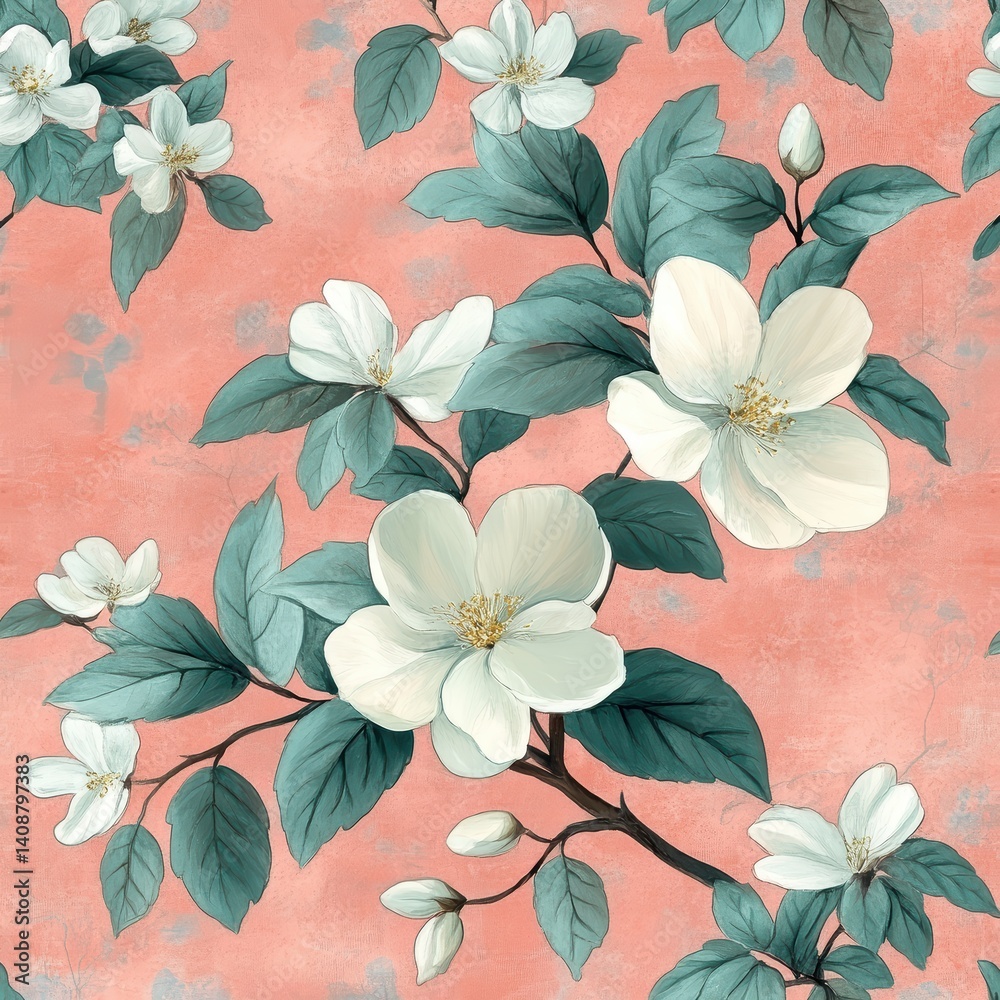 Obraz premium Elegant Floral Pattern with Soft White Blooms on Coral Background