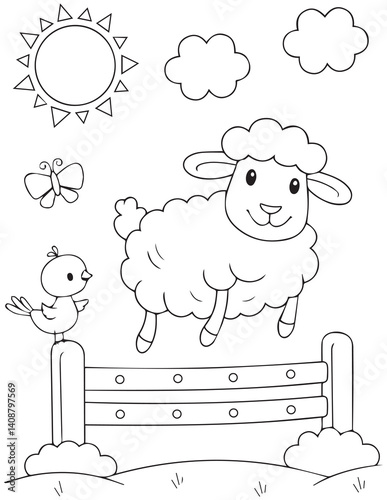 black and white cartoon animal coloring page, funny sheep. ready to print on standard 8.5x11 inch paper. vector illustration eps file