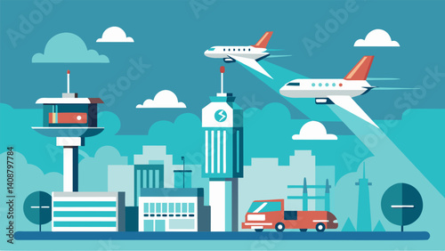 As the eVTOLs flew in and out of the airport their electric engines emitted a soft humming sound a reminder of the emerging technology that was shaping the world.. Vector illustration