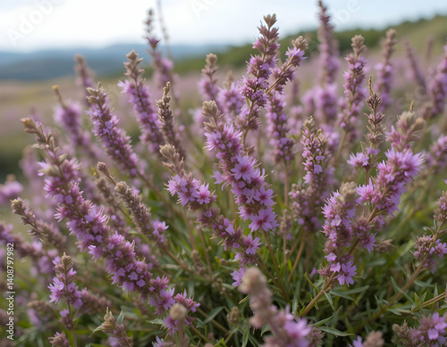 Blooming Purple Flowers in a Field with Hilly Landscape Background