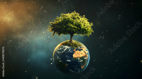 A lush green tree sits atop a vibrant Earth, set against a backdrop of twinkling stars. A stunning image symbolizing environmentalism and the delicate balance of nature.
