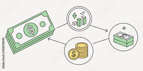 3D vector render illustration of green banknote and gold coin icon minimalist concept of cash, payment, income and wealth including financial transactions, investment, economy, business, banking.
