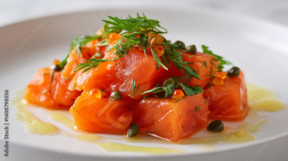 Delicious salmon tartare recipe with dill and capers on a white plate food photography style close up Delicious salmon tartare recipe with dill and capers on a white plate food photography style close up