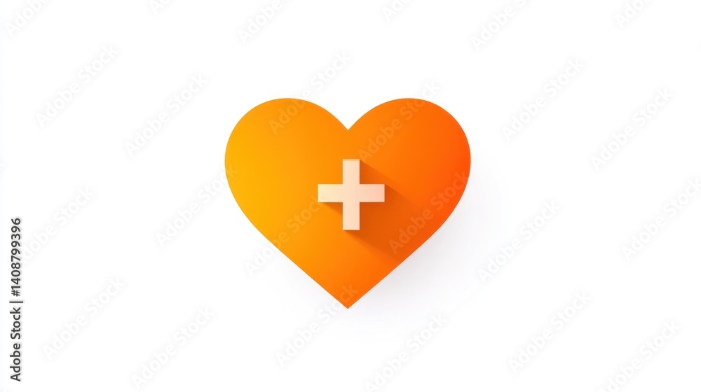 Orange heart with plus sign icon in white backdrop for health or charity apps Orange heart with plus sign icon in white backdrop for health or charity apps