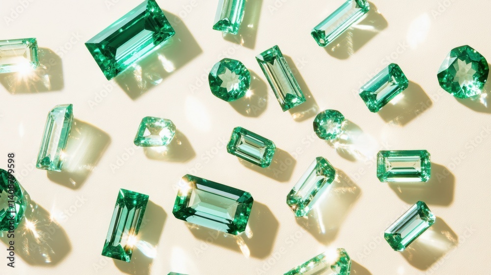 Baguette-cut emeralds scattered on soft cream background with glowing reflections Baguette-cut emeralds scattered on soft cream background with glowing reflections