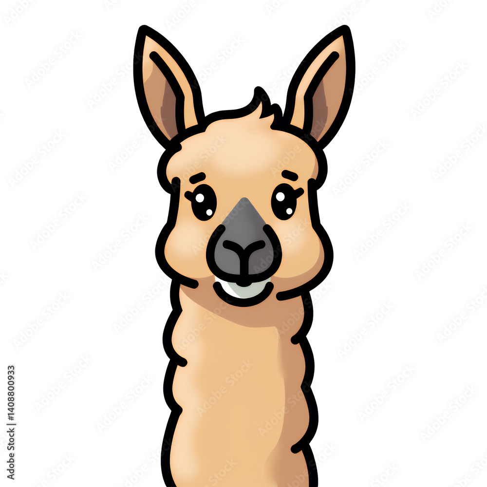 Cute Llama Cartoon Face, Smiling, Tan Fur, Black Outline, transparent background Cute Llama Cartoon Face, Smiling, Tan Fur, Black Outline, transparent background