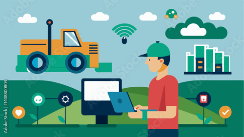 Remote access and control of farm equipment and systems allowing for efficient management even from offsite locations.. Vector illustration