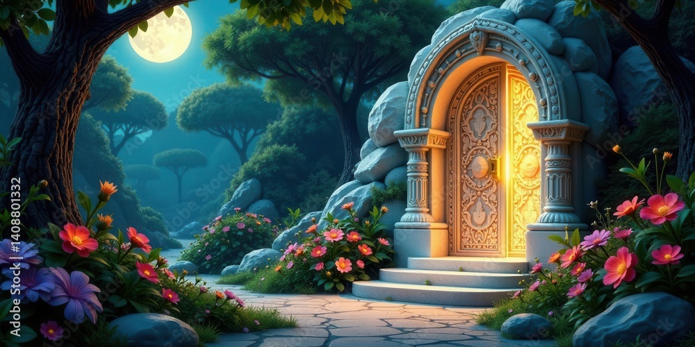 Fototapeta premium Enchanted Moonlight Garden Path Leading to an Ornate Doorway in a Stone Grotto