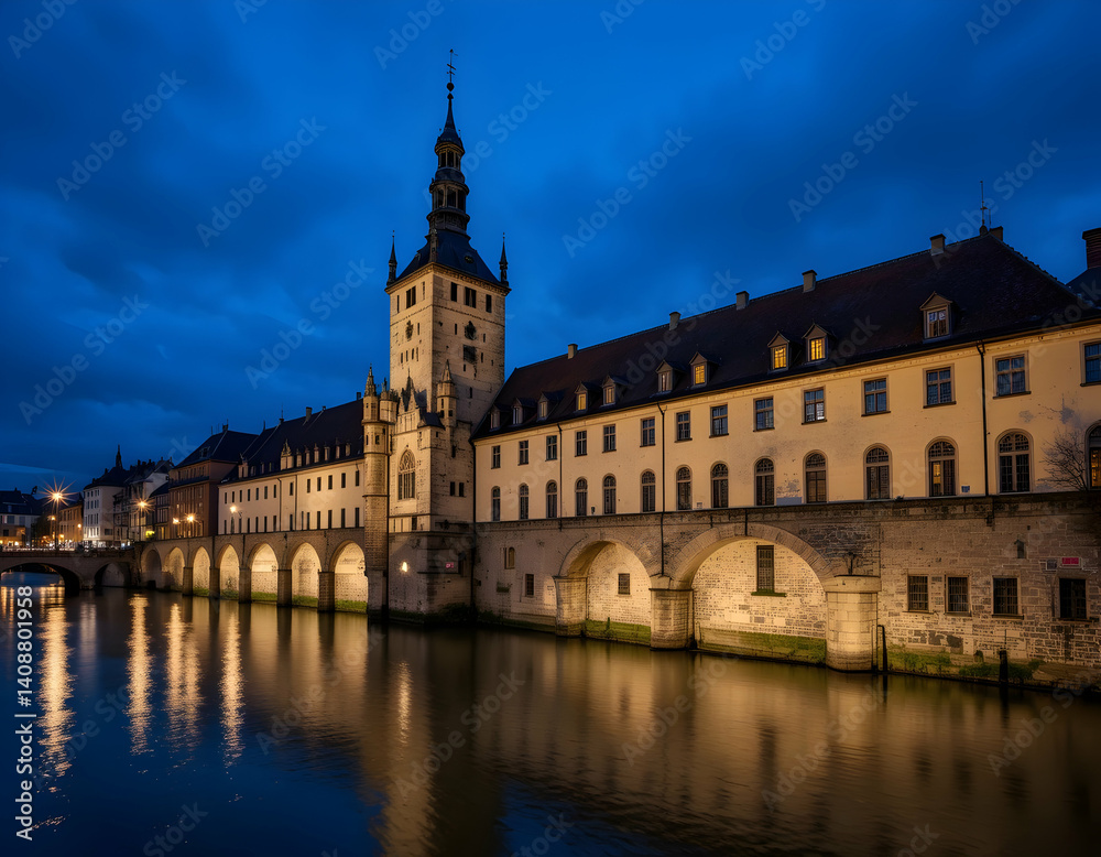 Historic Building Reflecting in River at Dusk Historic Building Reflecting in River at Dusk