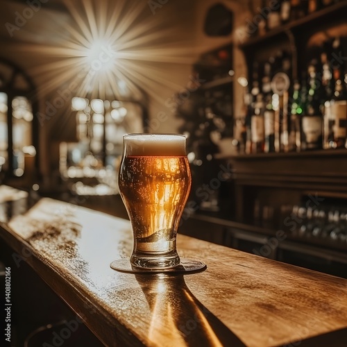 Golden Hour Beer in Pub Setting Sunlit Glass