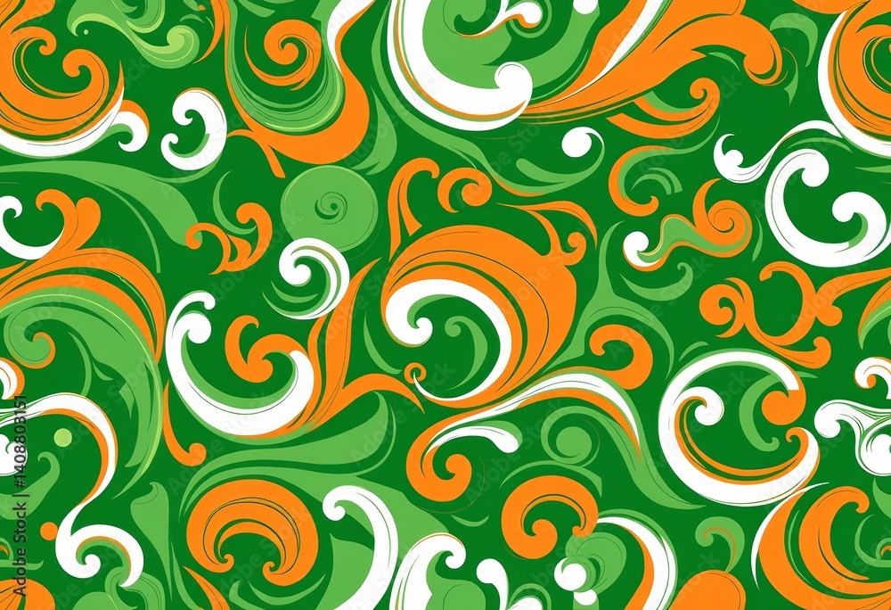 Abstract seamless pattern of swirling green, orange, and white squiggles and flourishes, curve, whimsical Abstract seamless pattern of swirling green, orange, and white squiggles and flourishes, curve, whimsical