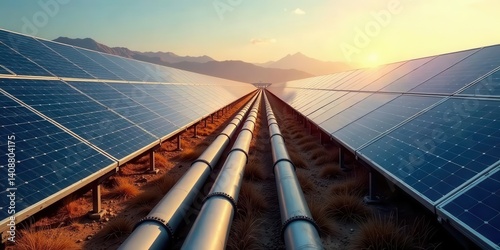 Vast solar farm infrastructure with parallel pipelines during golden hour