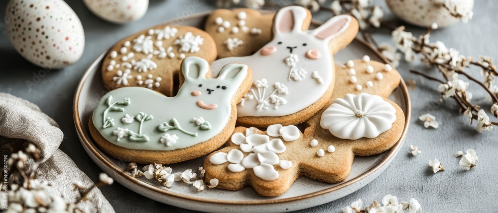 Deliciously decorated cookies shaped like bunnies and flowers, arranged on a plate with floral accents and eggs in the background.