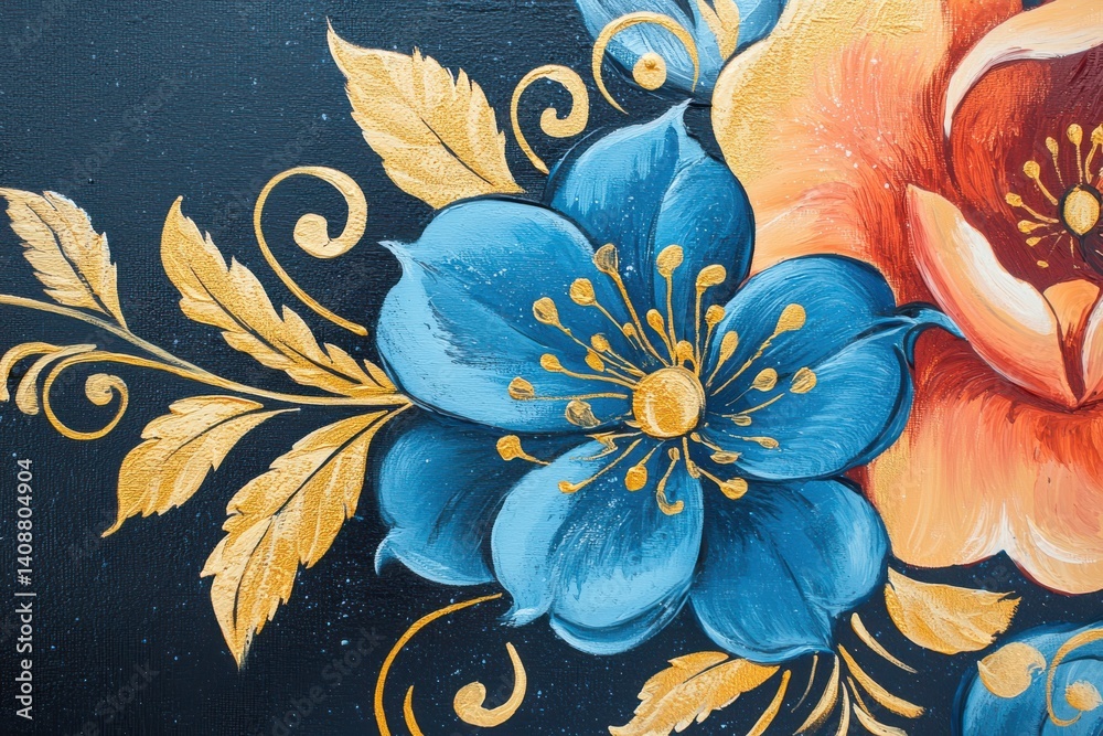Vibrant Floral Artwork with Blue and Orange Flower Designs