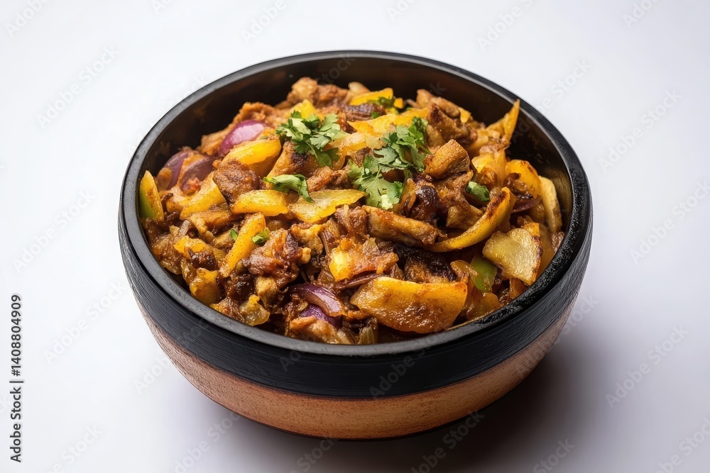 White background showcasing delicious and authentic Sri Lankan kottu roti. White background showcasing delicious and authentic Sri Lankan kottu roti.