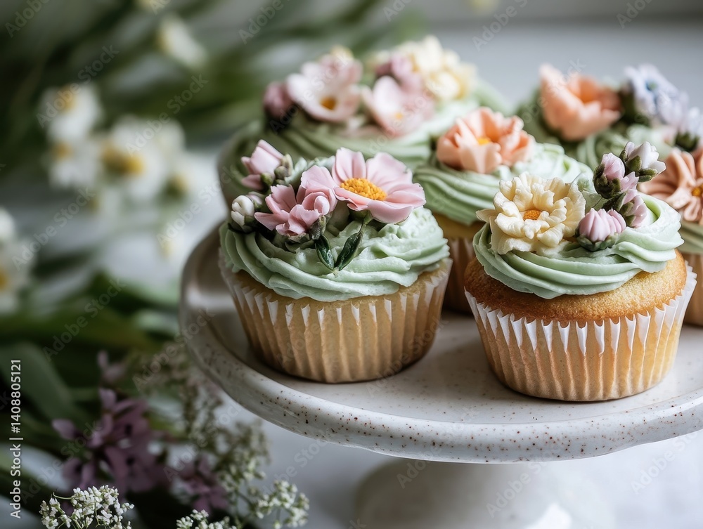 Delicious cupcakes adorned with floral decorations, displayed on a neutral cake stand, surrounded by fresh flowers.