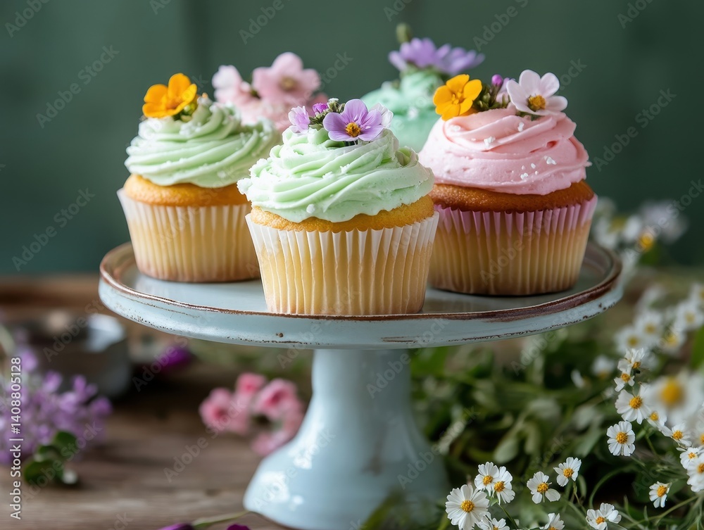 Deliciously decorated cupcakes topped with flowers on a vintage cake stand, surrounded by fresh blooms.