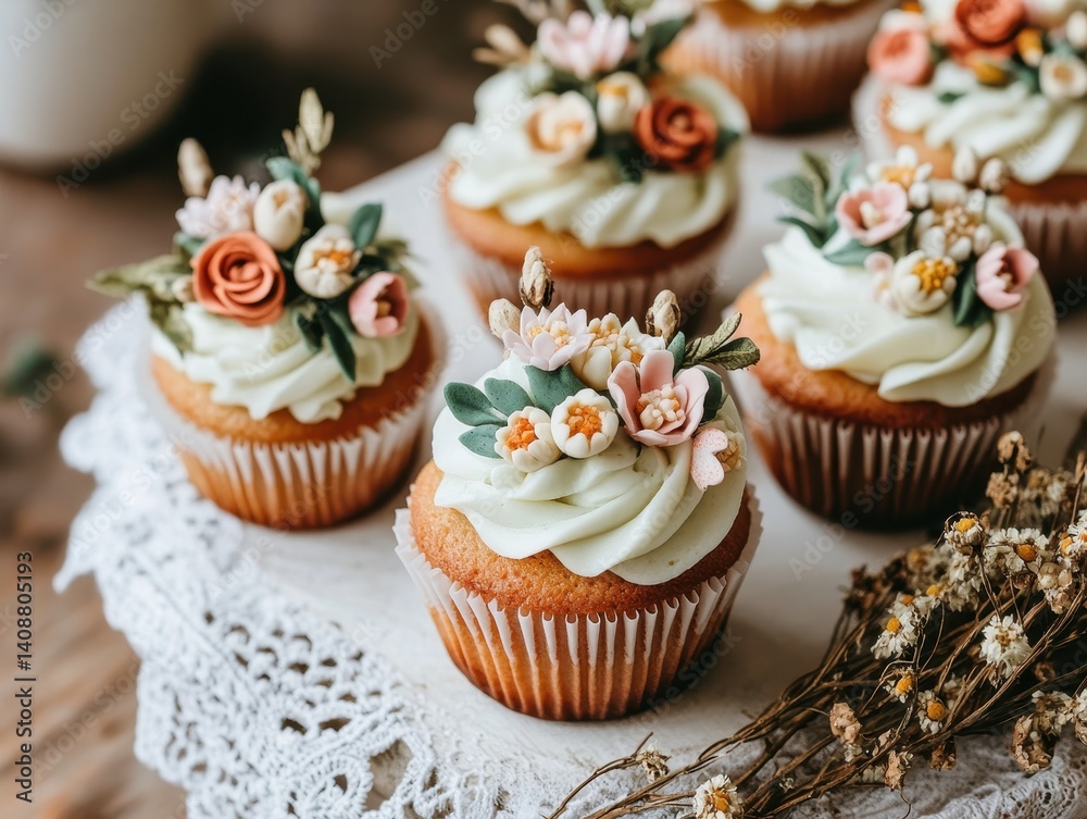 Deliciously decorated cupcakes with floral icing, presented on a lace doily, creating an inviting and aesthetic dessert display.