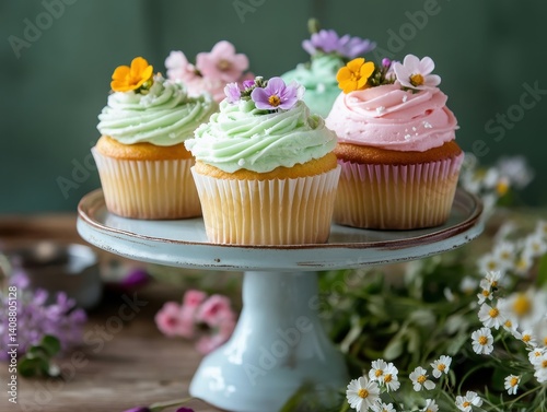 Deliciously decorated cupcakes topped with flowers on a vintage cake stand, surrounded by fresh blooms.