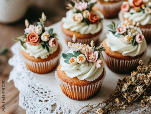 Obraz na płótnie Deliciously decorated cupcakes with floral icing, presented on a lace doily, creating an inviting and aesthetic dessert display. w salonie