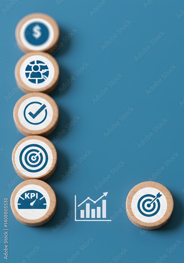 sales, marketing, KPI, business performance indicators, Data management system icon on wooden block to make report with KPI, metrics connected to database. finance, operations,