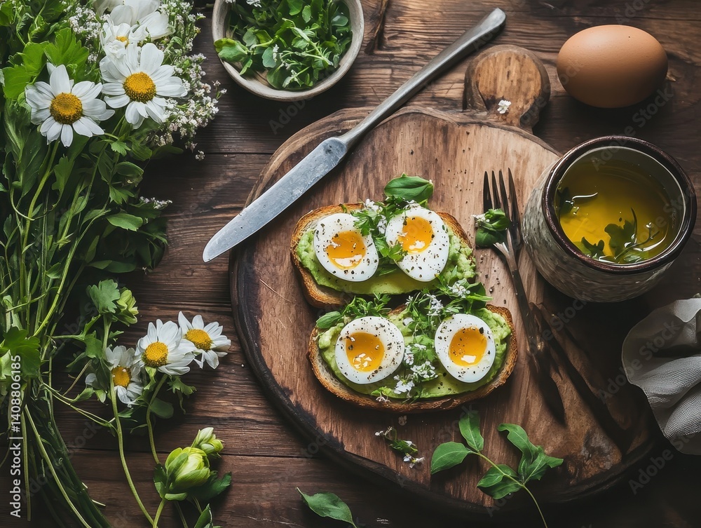 Delicious open sandwiches with eggs and herbs, styled on a rustic wooden board surrounded by flowers and an olive oil jar.
