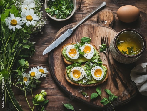 Obraz na płótnie Delicious open sandwiches with eggs and herbs, styled on a rustic wooden board surrounded by flowers and an olive oil jar. w salonie