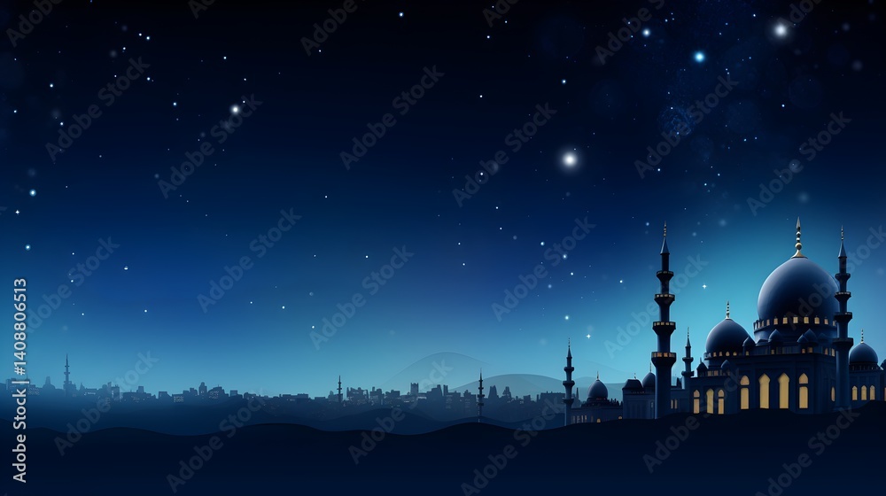 Naklejka premium Night Sky Mosque Silhouette with City Skyline and Stars