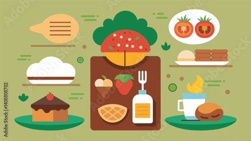 In addition to traditional meats the menu offers vegetarian and vegan options catering to a variety of dietary preferences.. Vector illustration