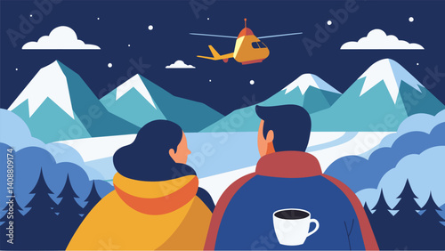 A young couple cuddled up under blankets sipping hot cocoa and watching the snowcovered mountains go by from the air taxi.. Vector illustration