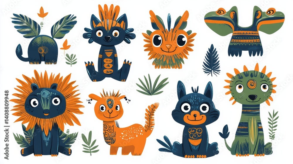 Obraz premium Colorful Cartoon Animals with Nature Elements in Whimsical Style