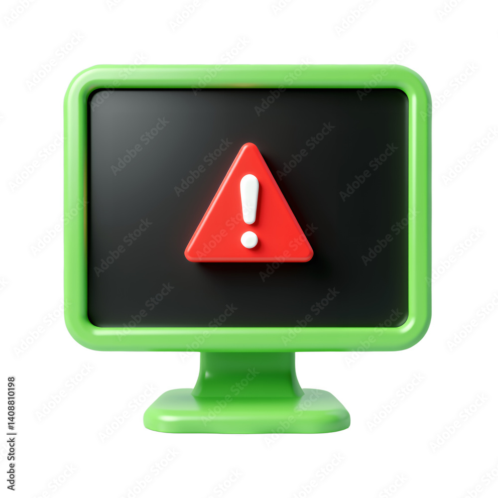 Green Monitor with Red Alert Exclamation Point - transparent background. Green Monitor with Red Alert Exclamation Point - transparent background.