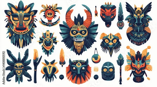 Wallpaper Mural Colorful Tribal Masks and Symbols in Vibrant Artistic Style Torontodigital.ca