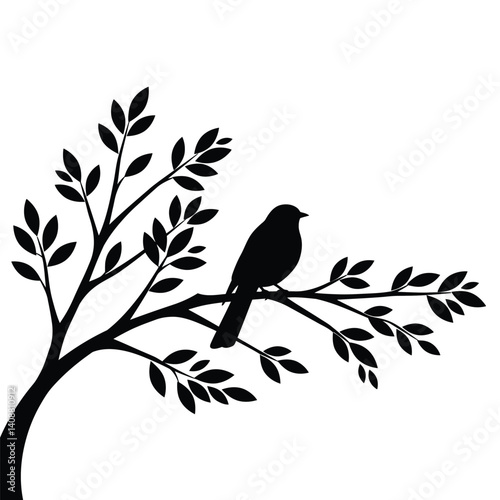 Bird in tree silhouette. A bird perched gracefully on a tree branch surrounded by leaves, symbolizing nature's harmony. Vector clipart black illustration design.