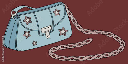 Denim handbag with chain decorated with stars. Cartoon female bag Y2K style fashion design. Vector illustration isolated on dark red  background. Glamour POP 00s stylish girly accessory, blue clutch
