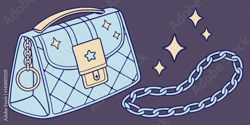 Denim handbag with chain decorated with stars. Cartoon female bag   style fashion design. Vector illustration isolated on dark purple background. Glamour POP 00s stylish girly accessory, blue clutch
