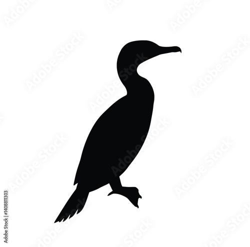 Cormorant silhouette. This image depicts a black silhouette of a cormorant bird perched gracefully with distinct features like its beak and tail. Vector clipart black illustration design.
