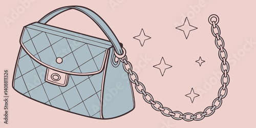 Denim handbag with chain decorated with stars. Cartoon female bag Y2K style fashion design. Vector illustration isolated on pink background. Glamour POP 00s stylish girly accessory, blue clutch
