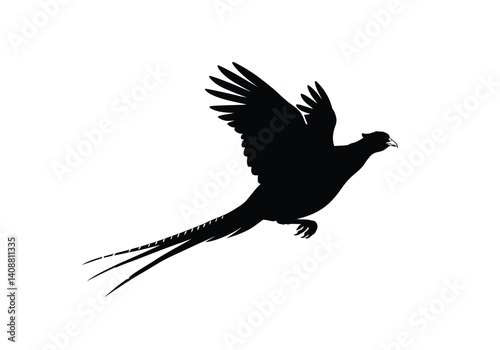 Flying pheasant silhouette. A black silhouette of a pheasant in flight with wings spread wide and a long, elegant tail. Vector clipart black illustration design.