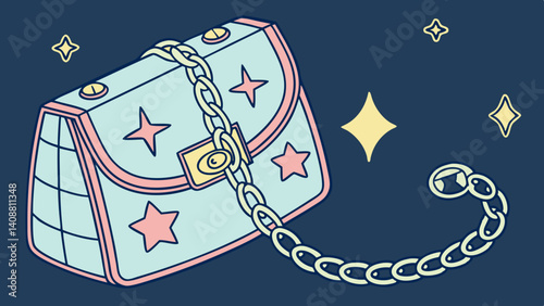 Denim handbag with chain decorated with stars. Cartoon female bag Y2K style fashion design. Vector illustration isolated on  navy blue background. Glamour POP 00s stylish girly accessory, blue clutch
