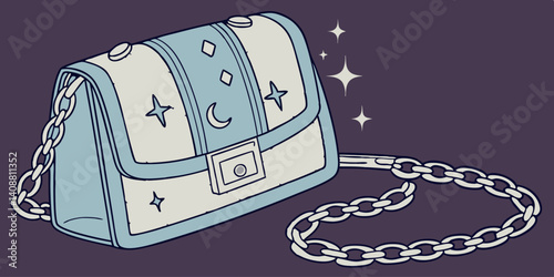 Denim handbag with chain decorated with stars. Cartoon female bag   style fashion design. Vector illustration isolated on dark purple background. Glamour POP 00s stylish girly accessory, blue clutch
